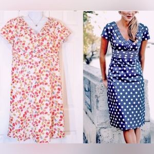 Boden Cotton Capped Sleeve Regatta Spring Pattern Dress w Pleated Detailing